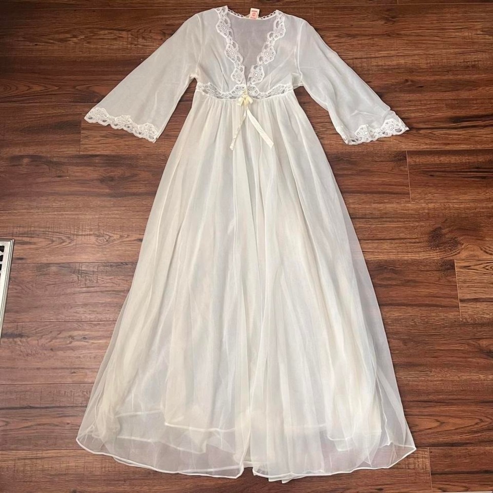 Vintage Dreamy Sheer White Lace Peignoir Robe Flowy Chiffon Women S Coquette